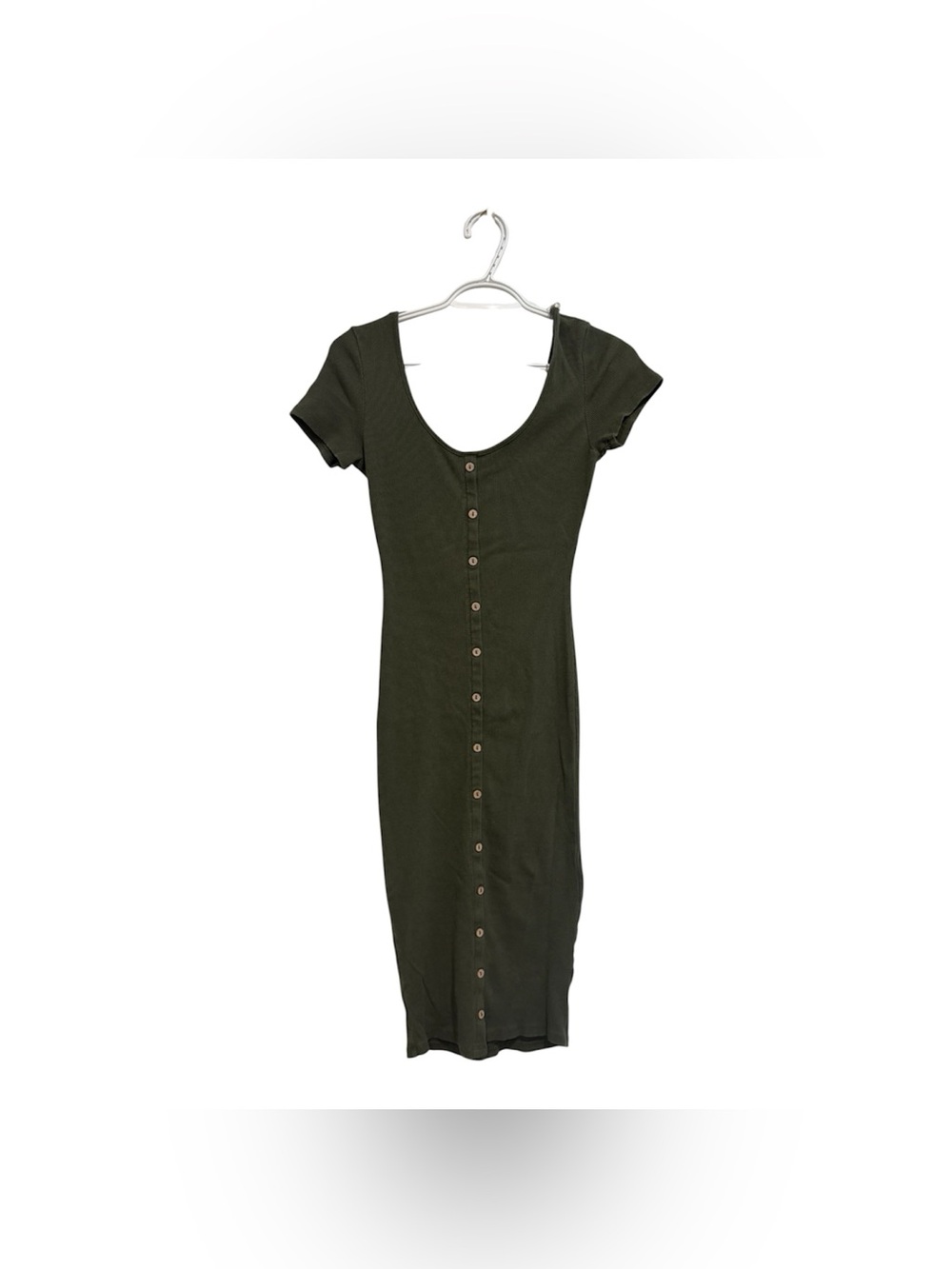 Fashion Nova Olive Green Ribbed Button-Front Short Sleeve Midi Dress